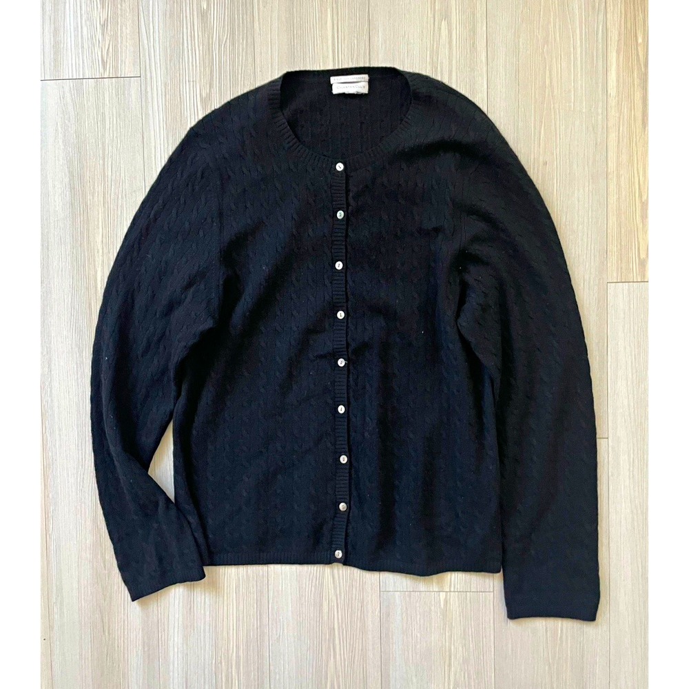 Charter Club Black Cashmere Cable-Knit Crew Neck Button Cardigan Sz L Preppy